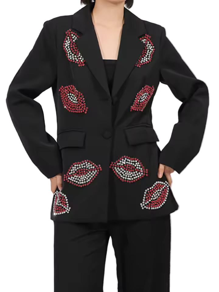 Loose Fit Beaded Patchwork Single-Breasted Blazer with Lapel and Long Sleeves