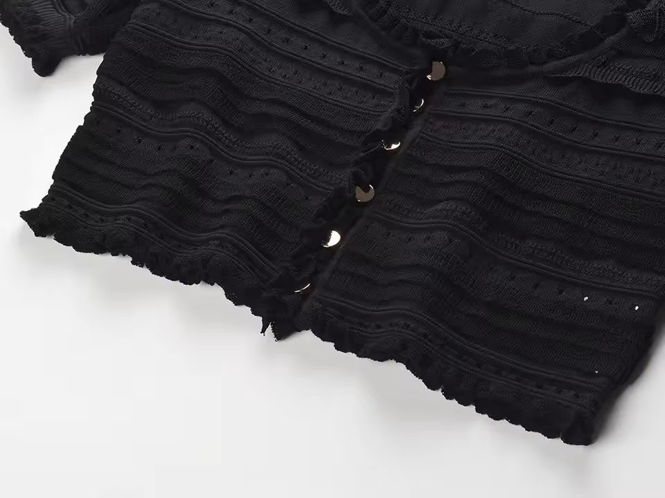 Ruffled Knit Square Neck Cardigan and Flare Pants Set