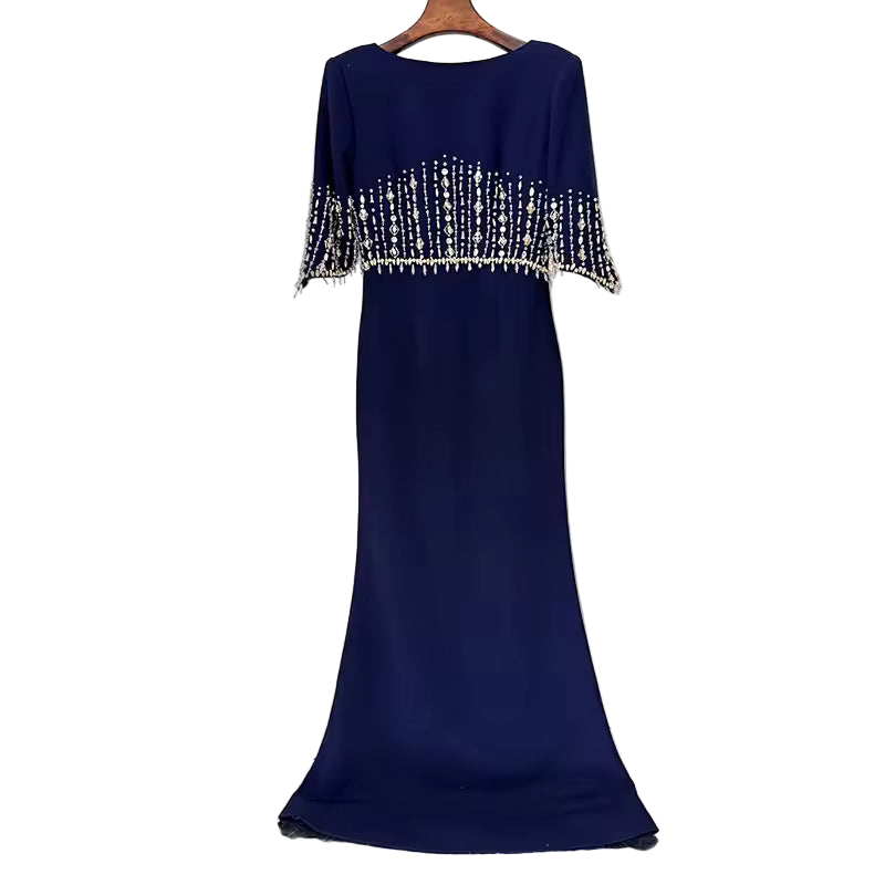 Slim Fit Patchwork Beaded Midi Dress with Half Sleeves