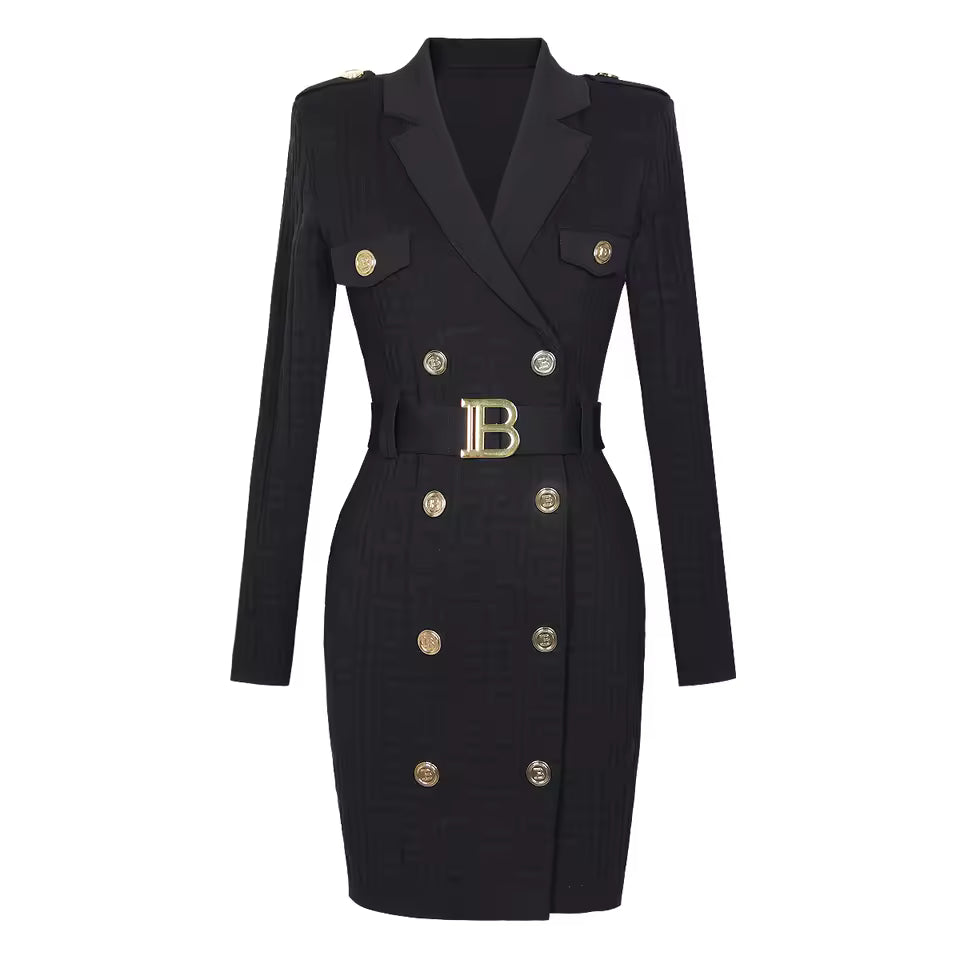 Knitted Suit Collar B-Buckle Waist Long Sleeve Slim Dress