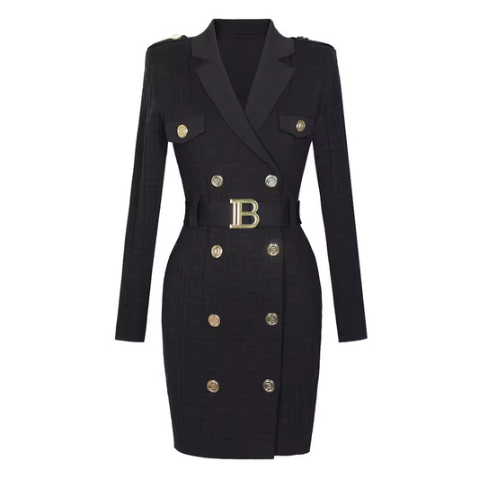 Knitted Suit Collar B-Buckle Waist Long Sleeve Slim Dress