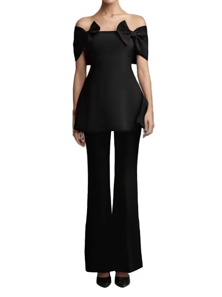 Solid Two-Piece Slash Neck Bow Top & High Waist Pants Set