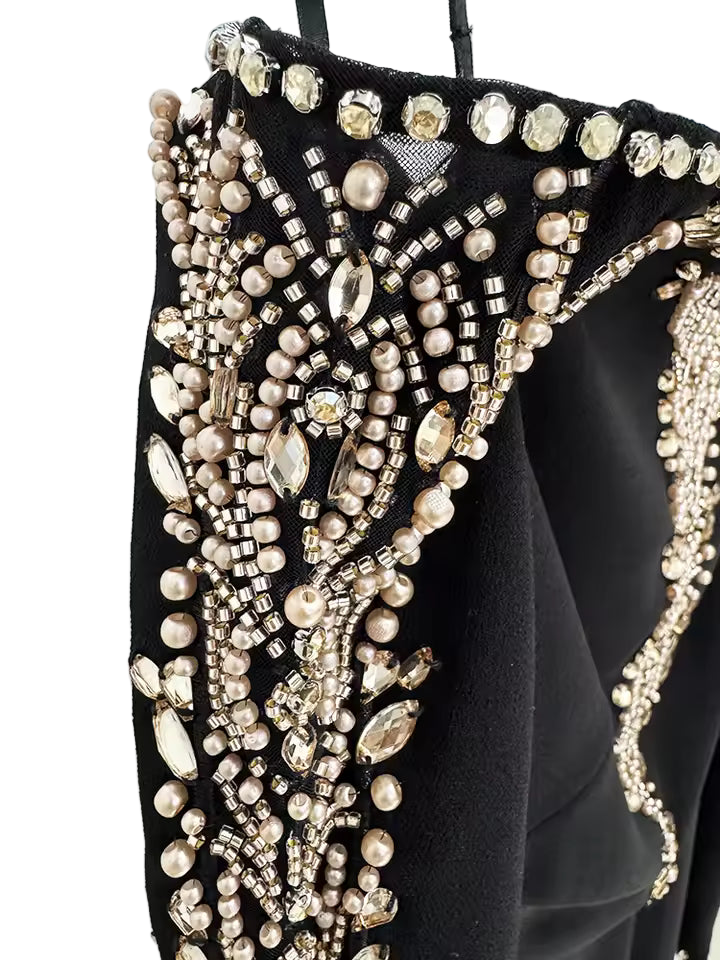 Split Mesh Diamond Beaded Long Sleeve Spaghetti Strap Maxi Dress