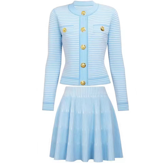 Striped Knit Single-Breasted Vest and Pleated Mini Skirt Set