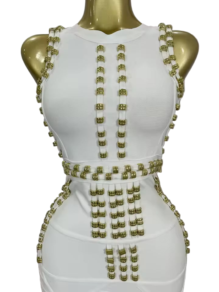 White Metal Buckle Sleeveless Bodycon Bandage Dress