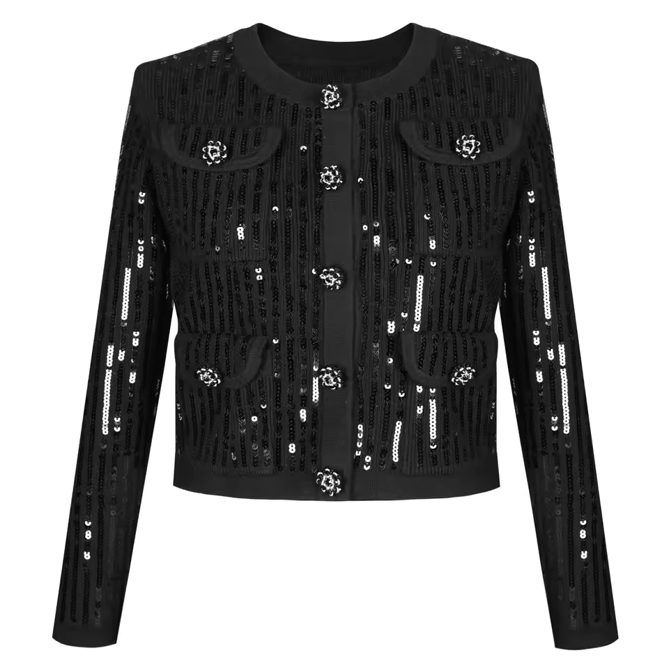 Luxury Sequin Knit Diamond Button Cardigan & Slim Fit Pencil Skirt Set