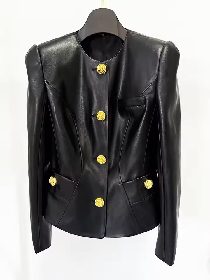 PU O-Neck Single-Breasted Slim Jacket