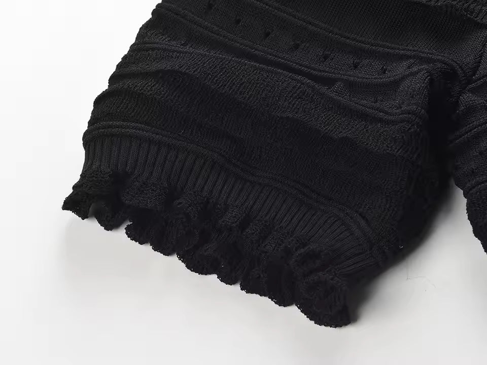 Ruffled Knit Square Neck Cardigan and Flare Pants Set