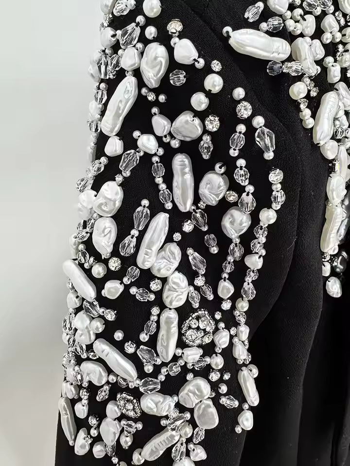 Sequined Rhinestone Beaded Blazer and Flare Pants Set