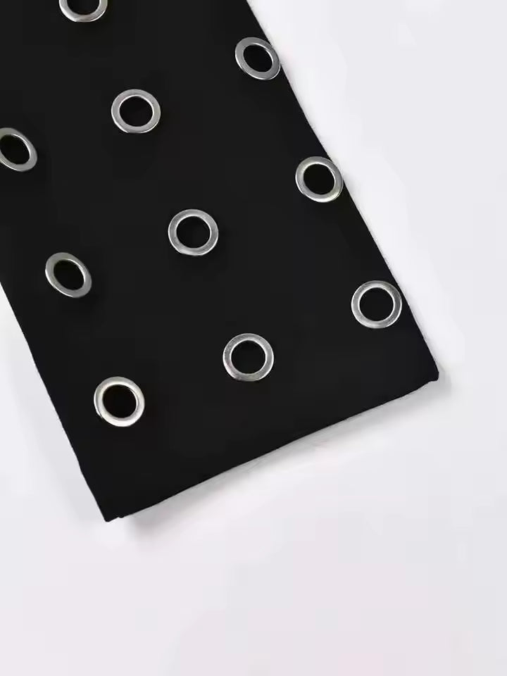 Black Hollow-Out Belted Long Trench Coat