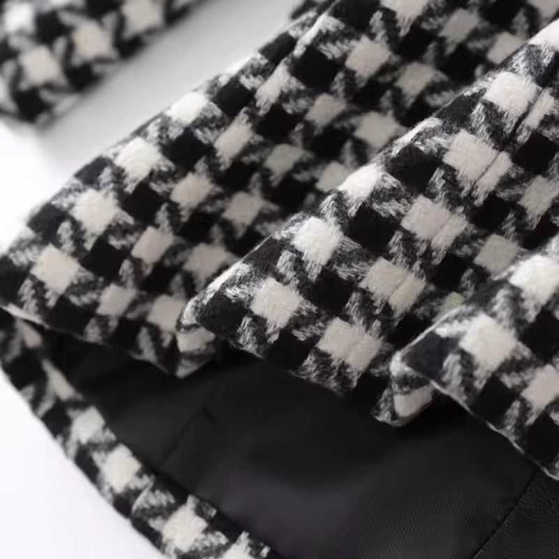 Vintage Houndstooth PU Patchwork Double-Breasted Slim Fit Blazer