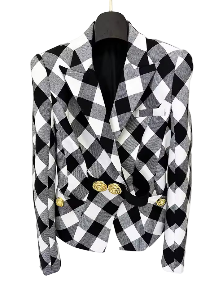 Black and White Checked Slim Blazer with Metal Buckle