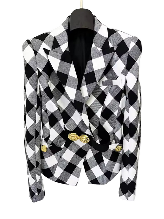 Black and White Checked Slim Blazer with Metal Buckle