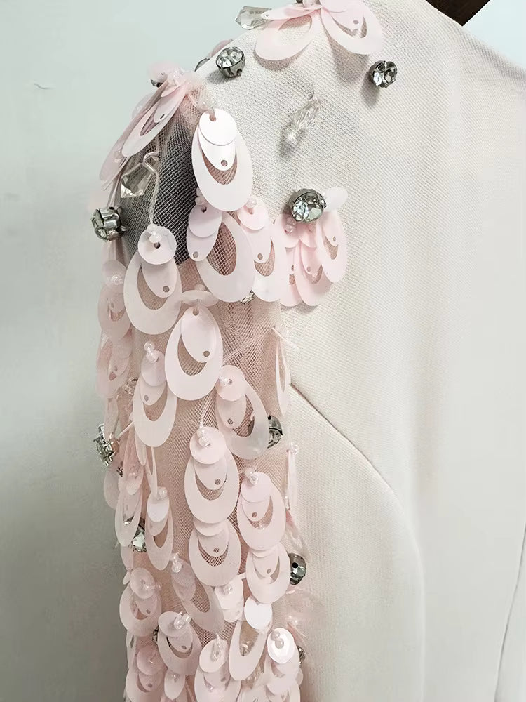 Split Mesh Diamond Beaded Long Sleeve Maxi Dress