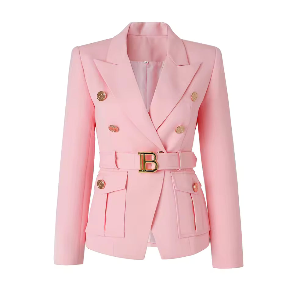 Baby Pink Belted Blazer with Pockets
