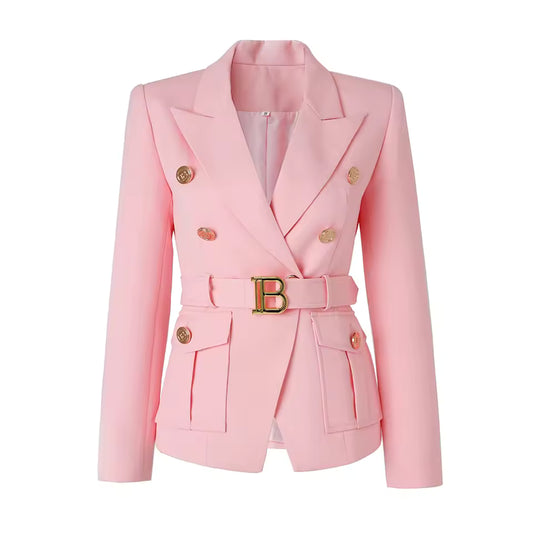 Baby Pink Belted Blazer with Pockets