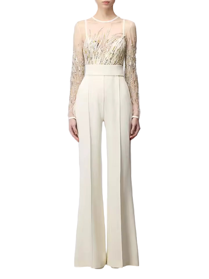Mesh Splice Sequin Beaded Diamond Jumpsuit