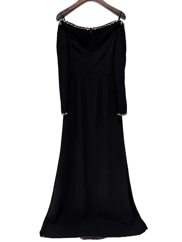 Split Mesh Diamond Beaded Long Sleeve Spaghetti Strap Maxi Dress