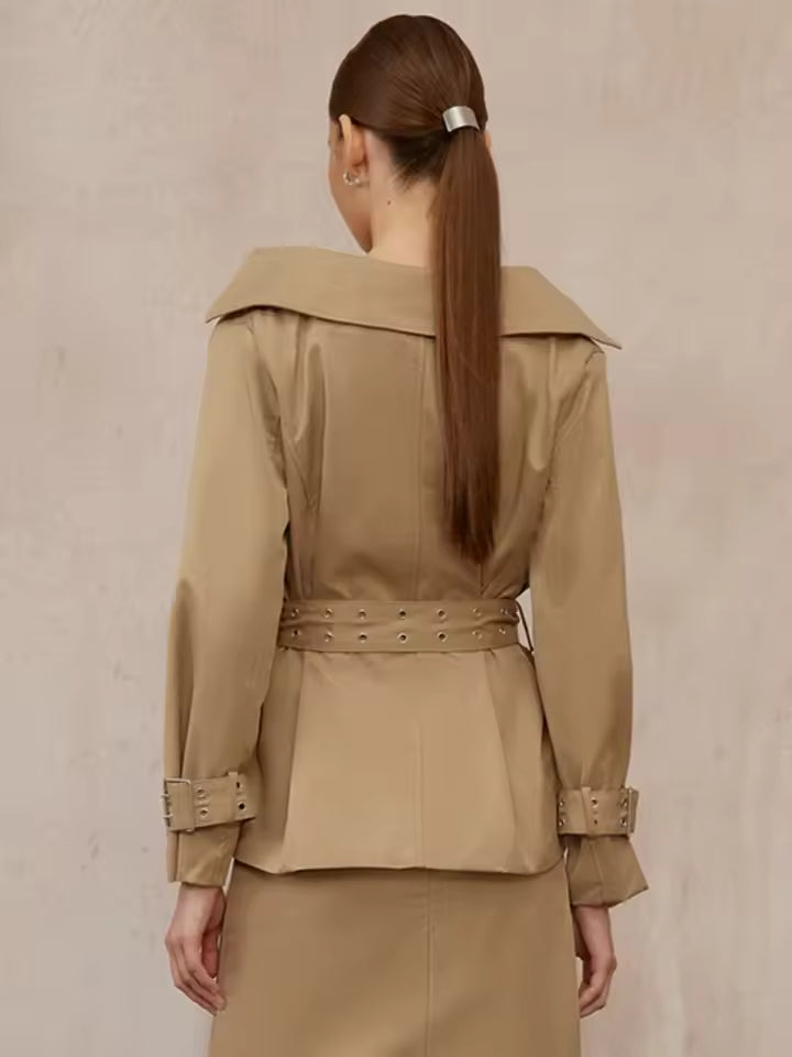 Slim Fit Split Belt Patchwork Button Trench Coat