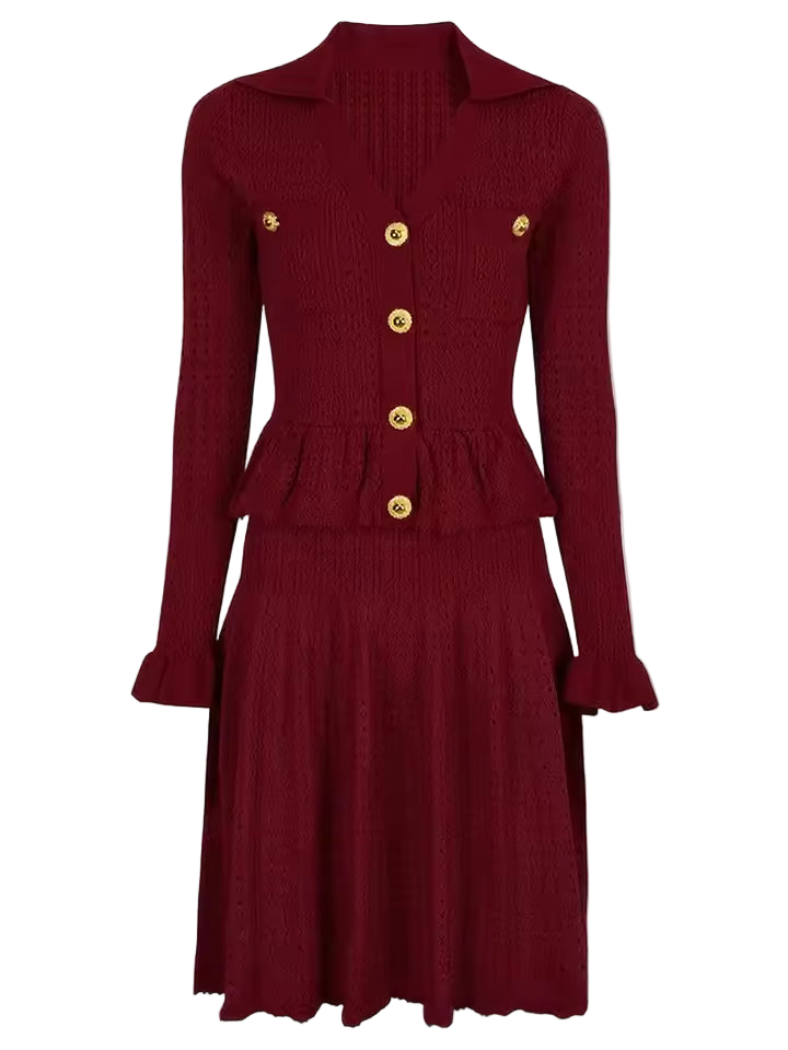 Ruffle Pleated V-Neck Knitted Long Sleeve Dress with Buttons