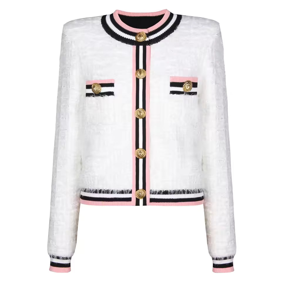 Fur Fringe Color Block Stripe Round Neck Single-Breasted Knit Vest Top