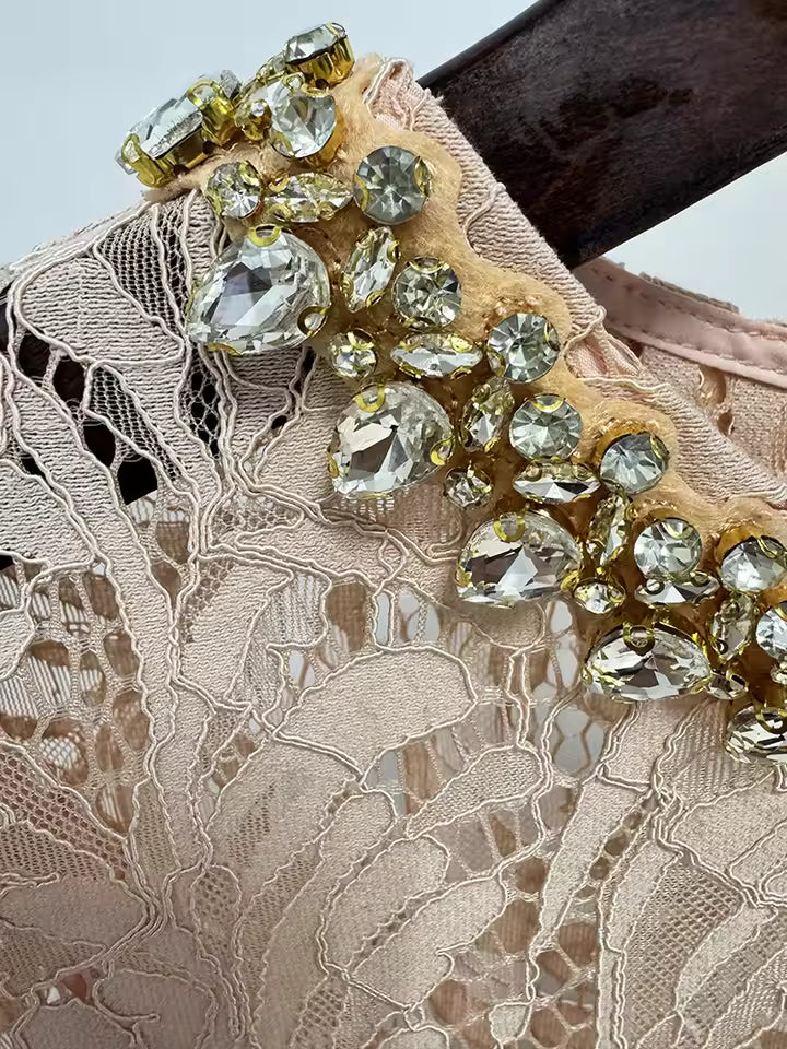 Rhinestone Lace Midi Dress with Three-Quarter Sleeves