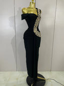 Black Crystal One-Shoulder Bandage Maxi Dress – Luxury Evening Gown
