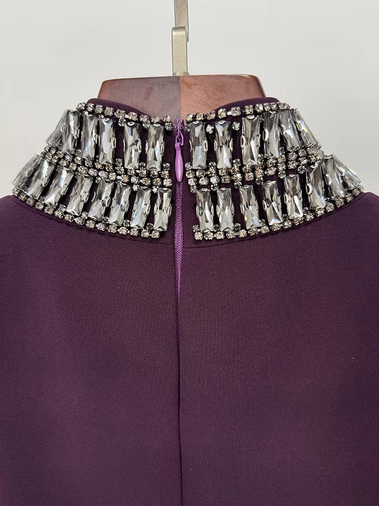 Short Sleeve Stand Collar Diamond Beaded Maxi Dress