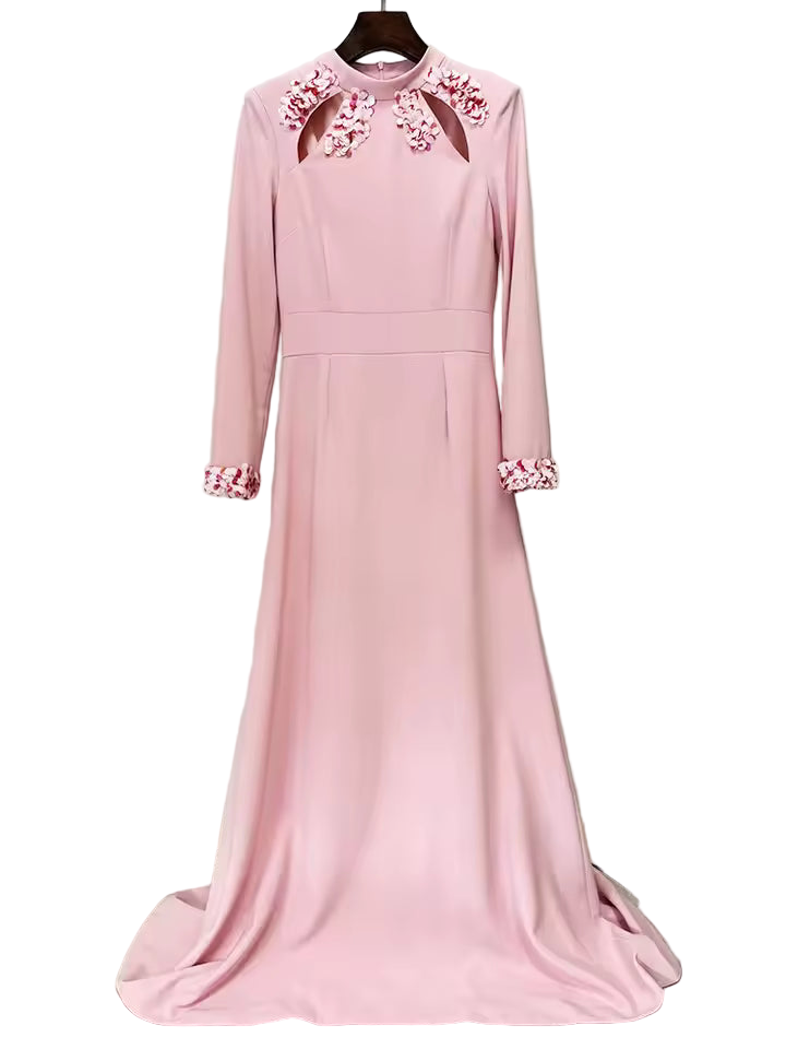 Stand Collar Beaded Sequin Hollow Out Maxi Dress