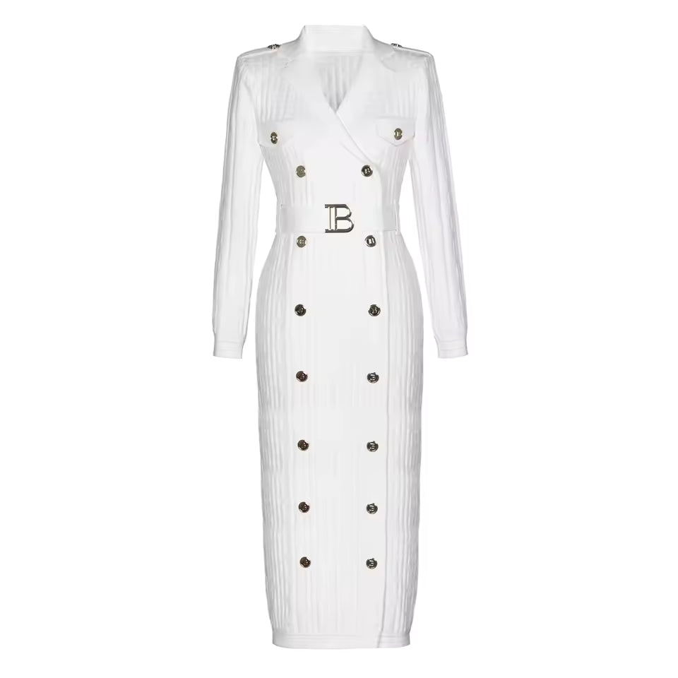 Solid Color Textured Lapel Double-Breasted Long Sleeve Knitted Dress