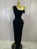 Black Crystal One-Shoulder Bandage Maxi Dress – Luxury Evening Gown