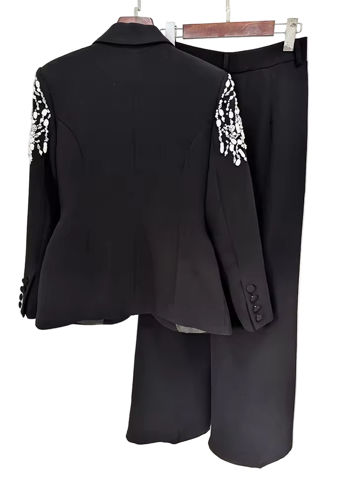 Sequined Rhinestone Beaded Blazer and Flare Pants Set