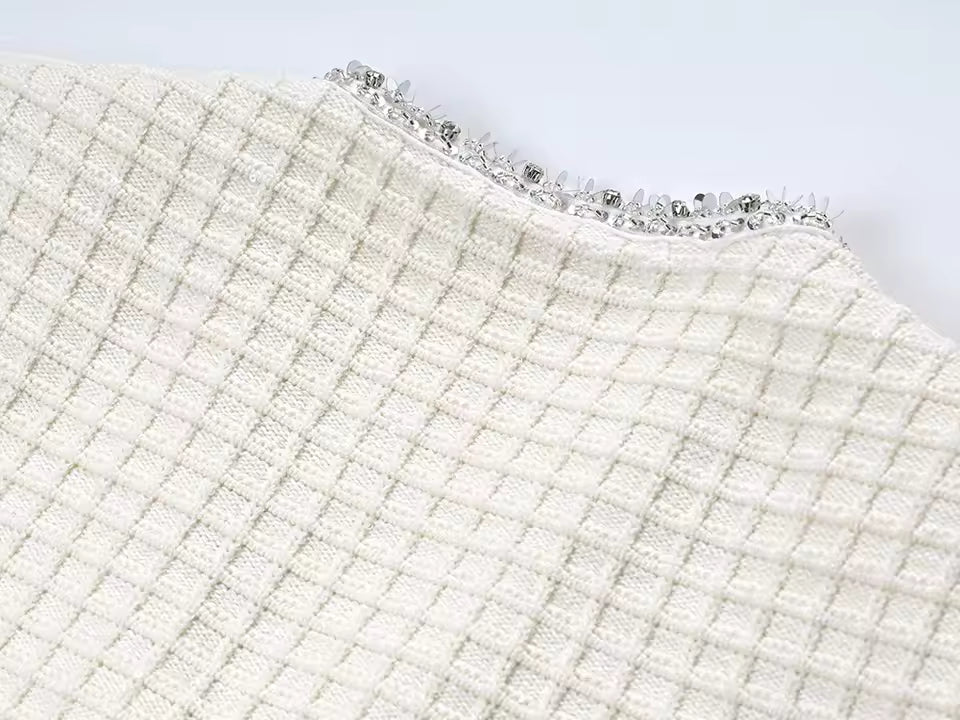 Rhinestone V-Neck Long Sleeve Single-Breasted Knit Cardigan