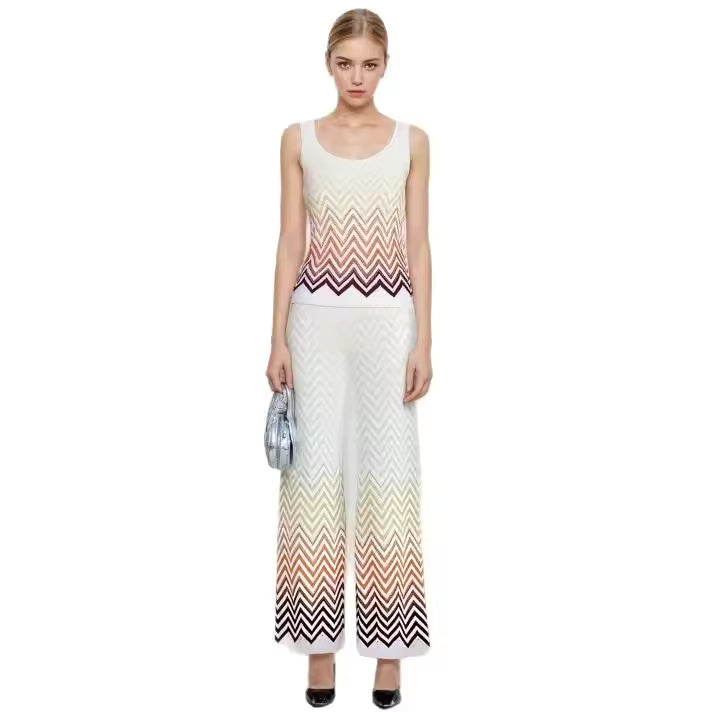 Wavy Knit Two-Piece Set – Sleeveless Tank Top and Wide-Leg Pants