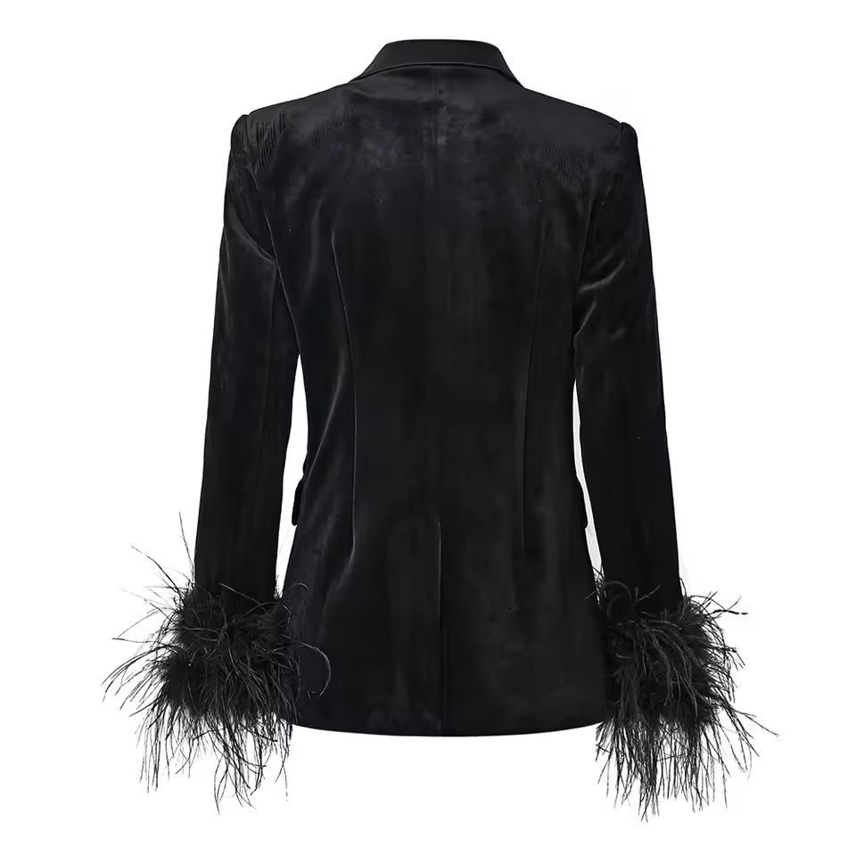 Feather Trim Velvet Blazer