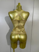 Gold Metallic Cross-Back Corset Top – Structured Evening Top