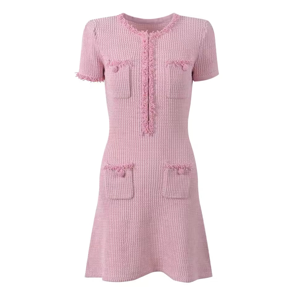 Beaded O-Neck Short Sleeve Knit A-Line Mini Dress
