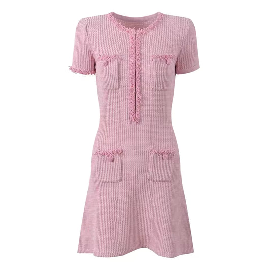 Beaded O-Neck Short Sleeve Knit A-Line Mini Dress