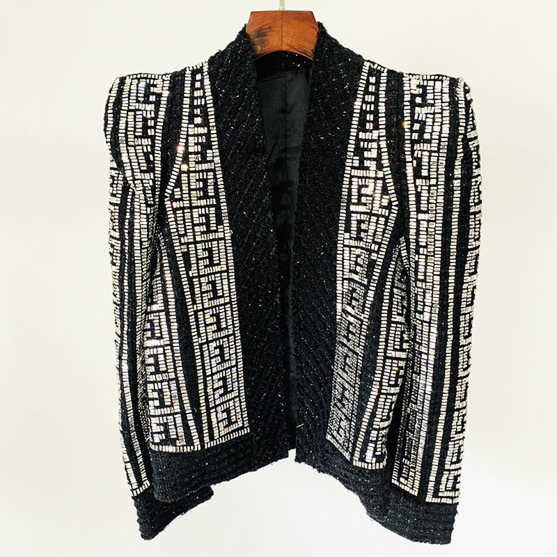 DOUBLE BREASTED BLACK EMBELLISHED TWEED BLAZER