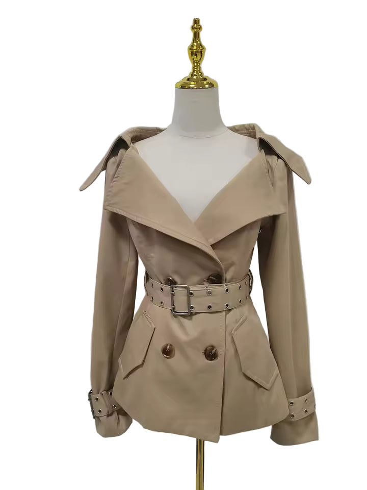 Slim Fit Split Belt Patchwork Button Trench Coat