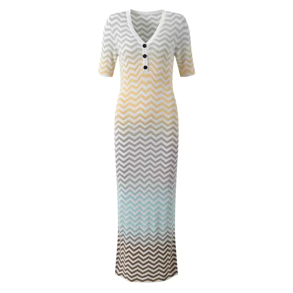 Elegant V-Neck Color Gradient Short Sleeve Wavy Knit Long Dress