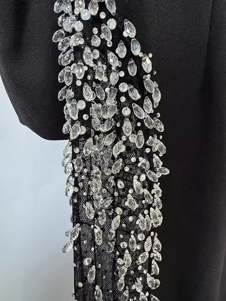 Diamond Beaded Off-Shoulder Patchwork Mesh Maxi Dress