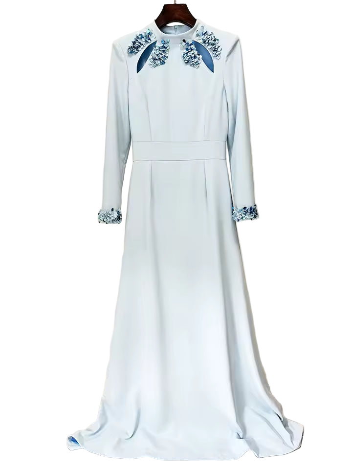 Stand Collar Beaded Sequin Hollow Out Maxi Dress