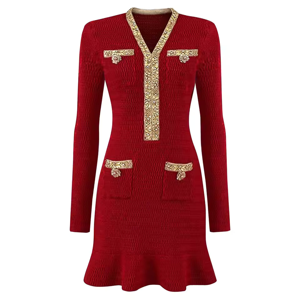 Elegant Crystal Knit Long Sleeve Mermaid Fishtail Mini Party Dress