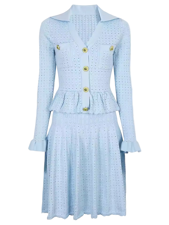 Ruffle Pleated V-Neck Knitted Long Sleeve Dress with Buttons