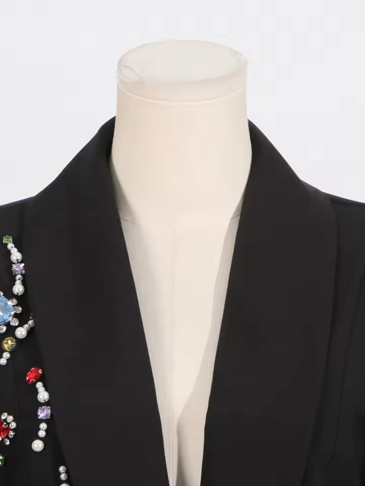 Slim Fit Split Beaded Patchwork Long Sleeve Blazer with Lapel and Buttons