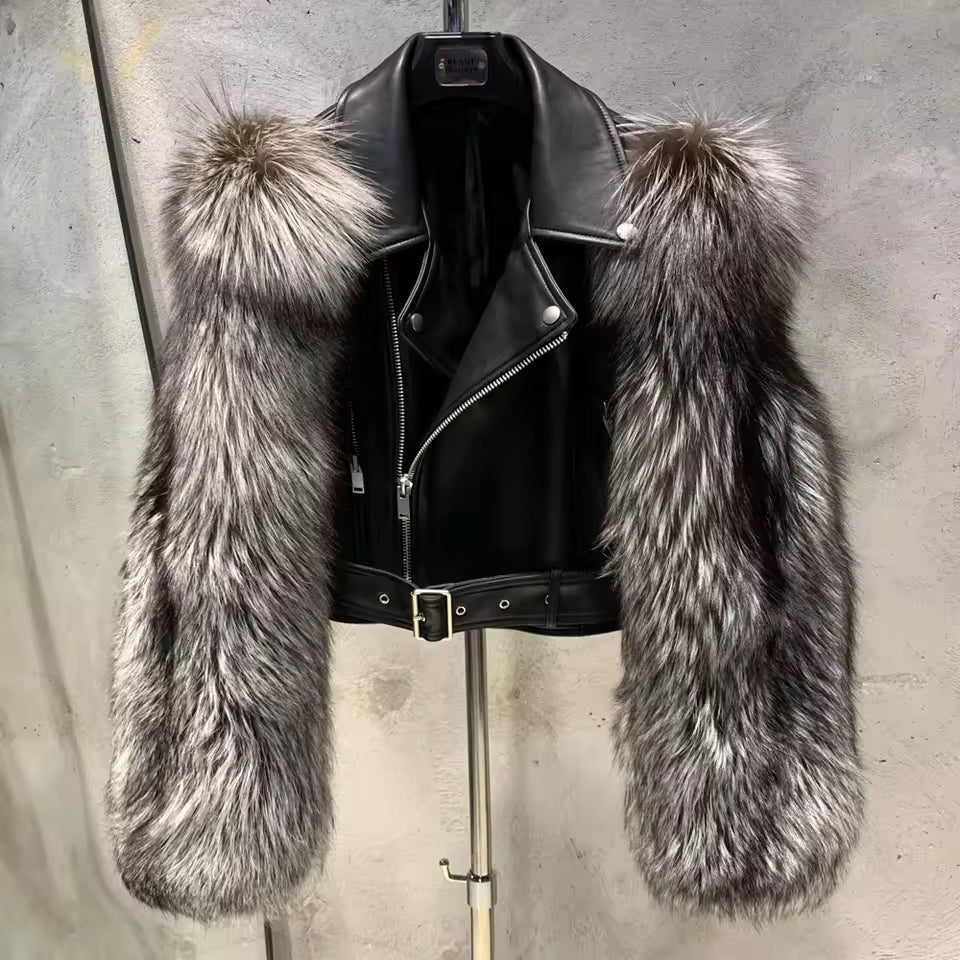 Leather Biker Jacket with Fox Fur Sleeves