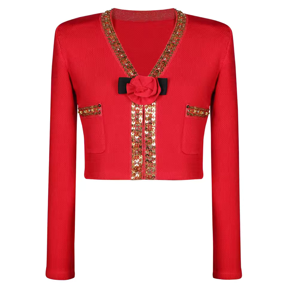 Elastic Knit 3D Floral Beaded Long Sleeve Cardigan & Slim Half Skirt Set