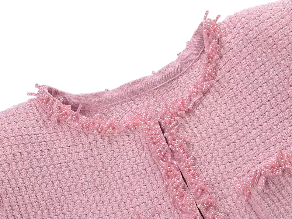 Beaded O-Neck Short Sleeve Knit A-Line Mini Dress