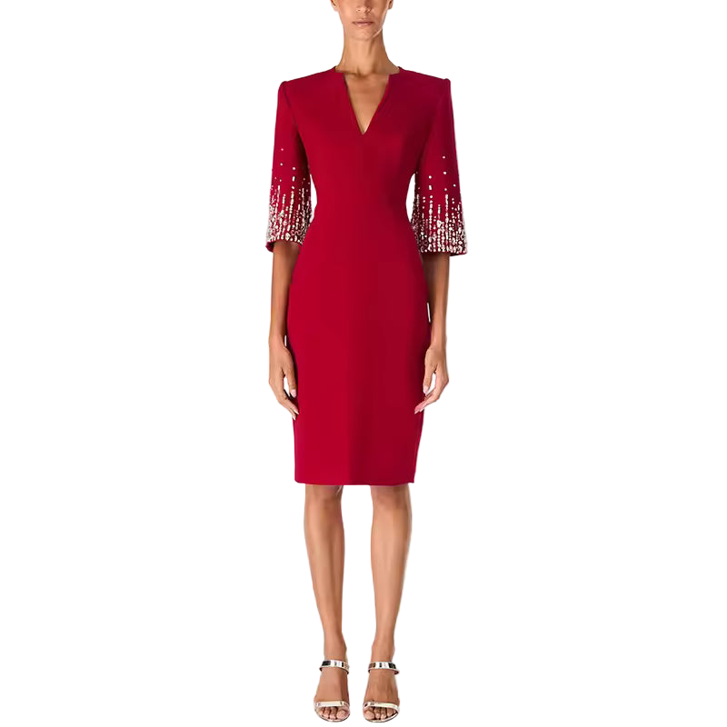 Rhinestone Beaded V-Neck Half Sleeve Knit Midi Dress